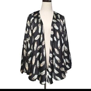 Very J Boho Black Feather Print 3/4 Sleeves Lined Open Kimono Cardigan Medium